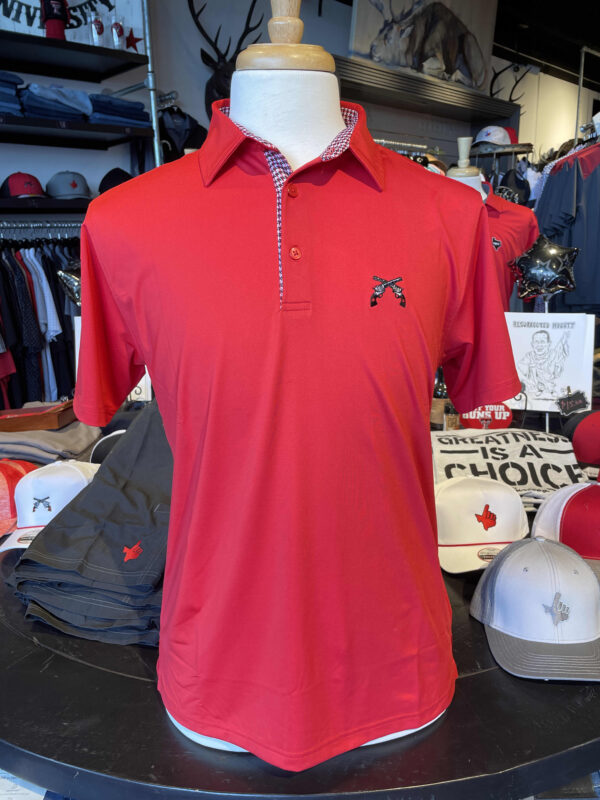 Stag Gameday-Red Houndstooth Trim Polo- Cross Guns