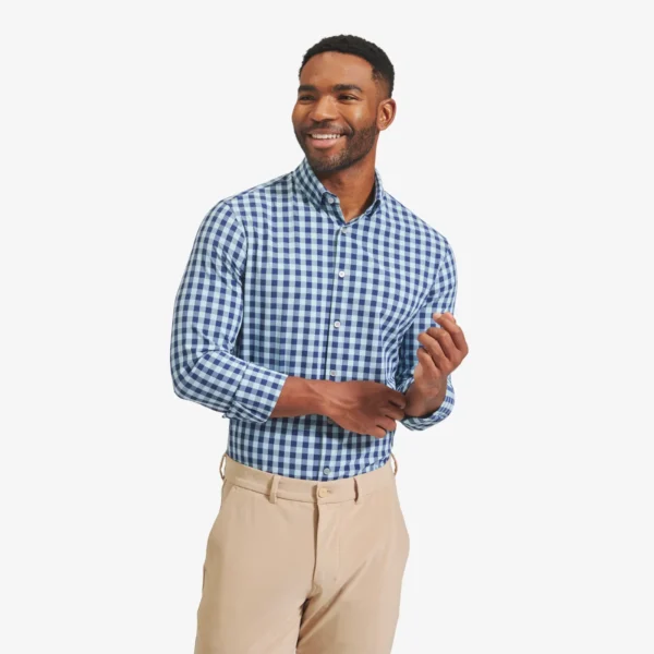 Mizzen + Main Long Sleeve Leeward Navy & Aqua Gingham in Lubbock