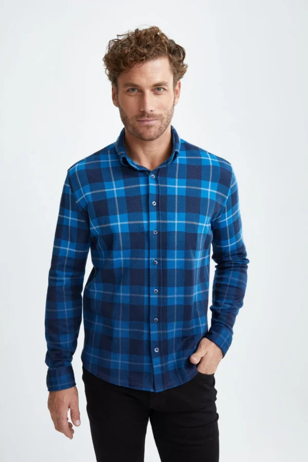 Plaid Jacquard Dip Dye Knit Button-Up Shirt for Men