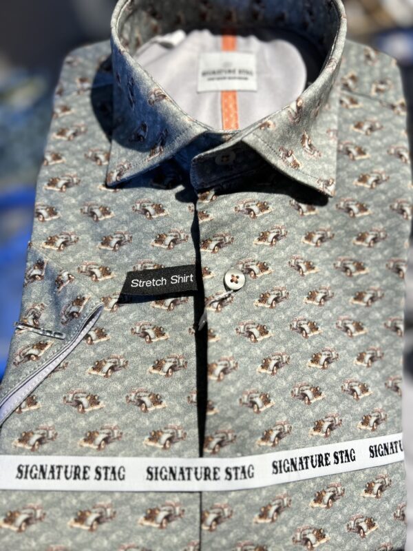 Signature Stag-S/S Button-Up Grey Vintage Cars