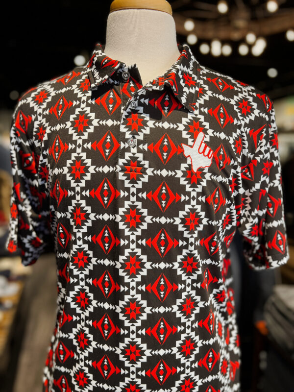 Shop Stag Gameday-Black/Red Tribal Print White Hand/Red Outline at Signature Stag Menswear. Texas Tech fans love our Tribal Print and Hand Embroidered Polo Shirts. 