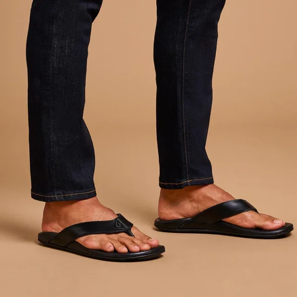 OluKai Mekila Men’s High-Character Leather Sandals Black in Lubbock TX