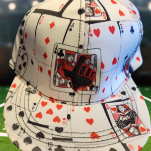 Stylish Hat with all over print deck of cards and guns up red raiders logo design in Lubbock TX