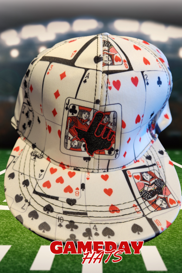 Stylish Hat with all over print deck of cards and guns up red raiders logo design in Lubbock TX