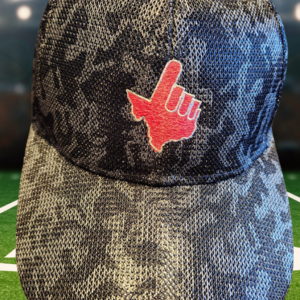 Ladies Gameday Silver & Black Camo Red Texas Hand White Outline Hat