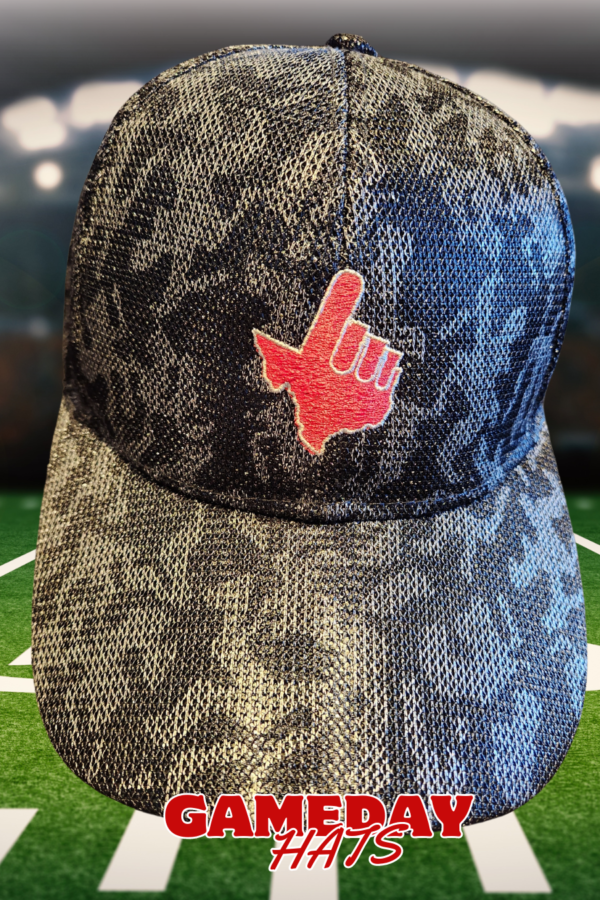 Ladies Gameday Silver & Black Camo Red Texas Hand White Outline Hat