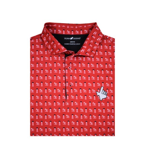Stag Gameday Red White Black Oil Polo White Hand Black Outline at Signature Stag. Experience comfort and style with men's performance polo shirts in Lubbock and Midland